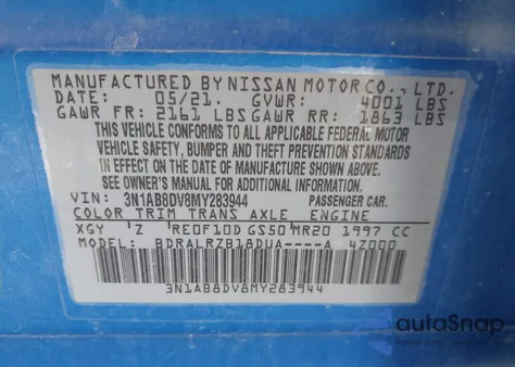 2021 Nissan Sentra Sr Xtronic Cvt из США, поврежденный, VIN 3N1AB8DV8MY283944